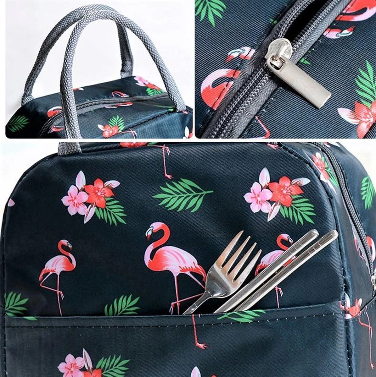 Koeltas - Lunchtas - Volwassenen En Kinderen - Compact & Handig: Zomer - Picknick -School - Lunch - Werk - Zwart Flamingo 9 Koeltas - Lunchtas - Volwassenen En Kinderen - Compact & Handig: Zomer - Picknick -School - Lunch - Werk - Zwart Flamingo - Afbeelding 7