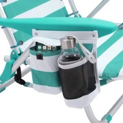 Strandstoel Met Afneembare Hoofdsteun, Draagbare Klapstoel, Campingstoel, Rugleuning Tot 180° Verstelbaar, Met Bekerhouder En Zijvak, Groene En Witte Strepen GCB62JW -Buitenkampeer Winkel 1199x1200