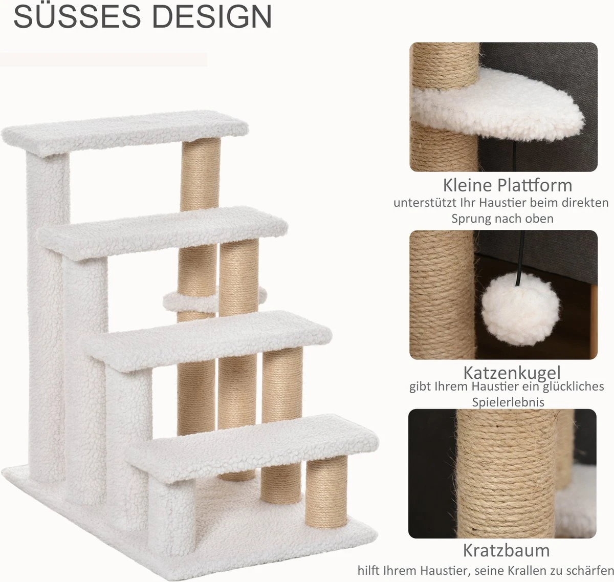 PawHut Huisdierentrap Met Krabpaal Bal 4 Treden Kattentrap Dierentrap Pluche Jute D06-093 8 PawHut Huisdierentrap Met Krabpaal Bal 4 Treden Kattentrap Dierentrap Pluche Jute D06-093 - Afbeelding 6