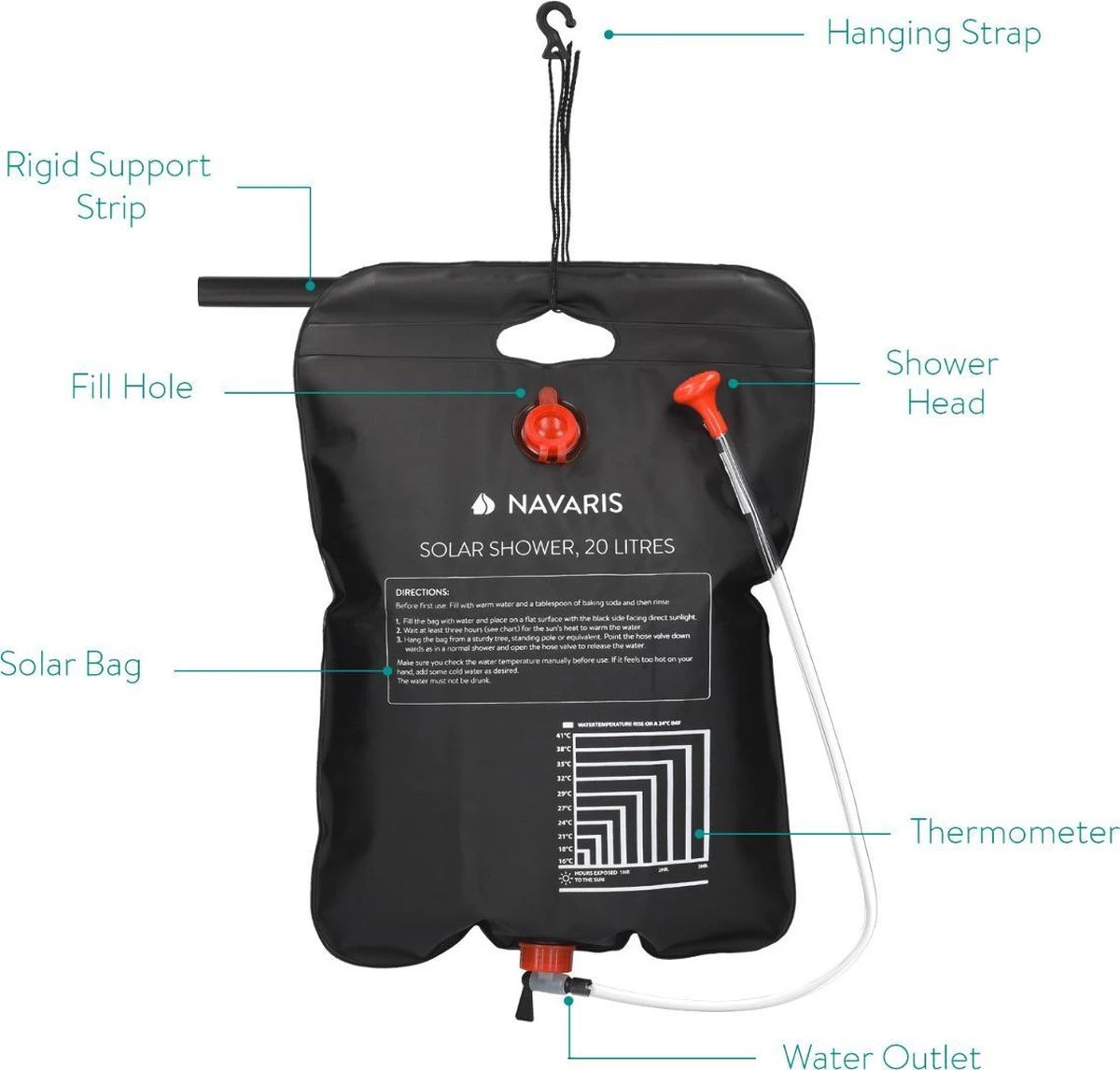 Navaris Campingdouche Op Zonne-energie - 20 Liter - Verwarmbare Camping Douchezak Met Douchekop, Slang En Kraan - Ideaal Voor Reizen En Kamperen 5 Navaris Campingdouche Op Zonne-energie - 20 Liter - Verwarmbare Camping Douchezak Met Douchekop, Slang En Kraan - Ideaal Voor Reizen En Kamperen - Afbeelding 3