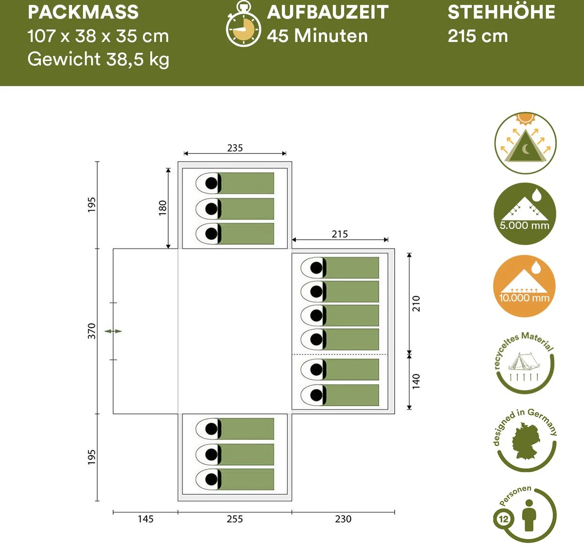 Skandika Nimbus Sleeper 12 Tent – Koepeltenten – 12 Persoons Familietent - Campingtent – Muggengaas – Sleeper Technology (3 Extra Donkere Slaapcabines) – 760 X 630 X 215 Cm (LxBxH) – 5000 Mm Waterkolom – Camping, Tuin – Kamperen – Blauw/wit 7 Skandika Nimbus Sleeper 12 Tent – Koepeltenten – 12 Persoons Familietent - Campingtent – Muggengaas – Sleeper Technology (3 Extra Donkere Slaapcabines) – 760 X 630 X 215 Cm (LxBxH) – 5000 Mm Waterkolom – Camping, Tuin – Kamperen – Blauw/wit - Afbeelding 5