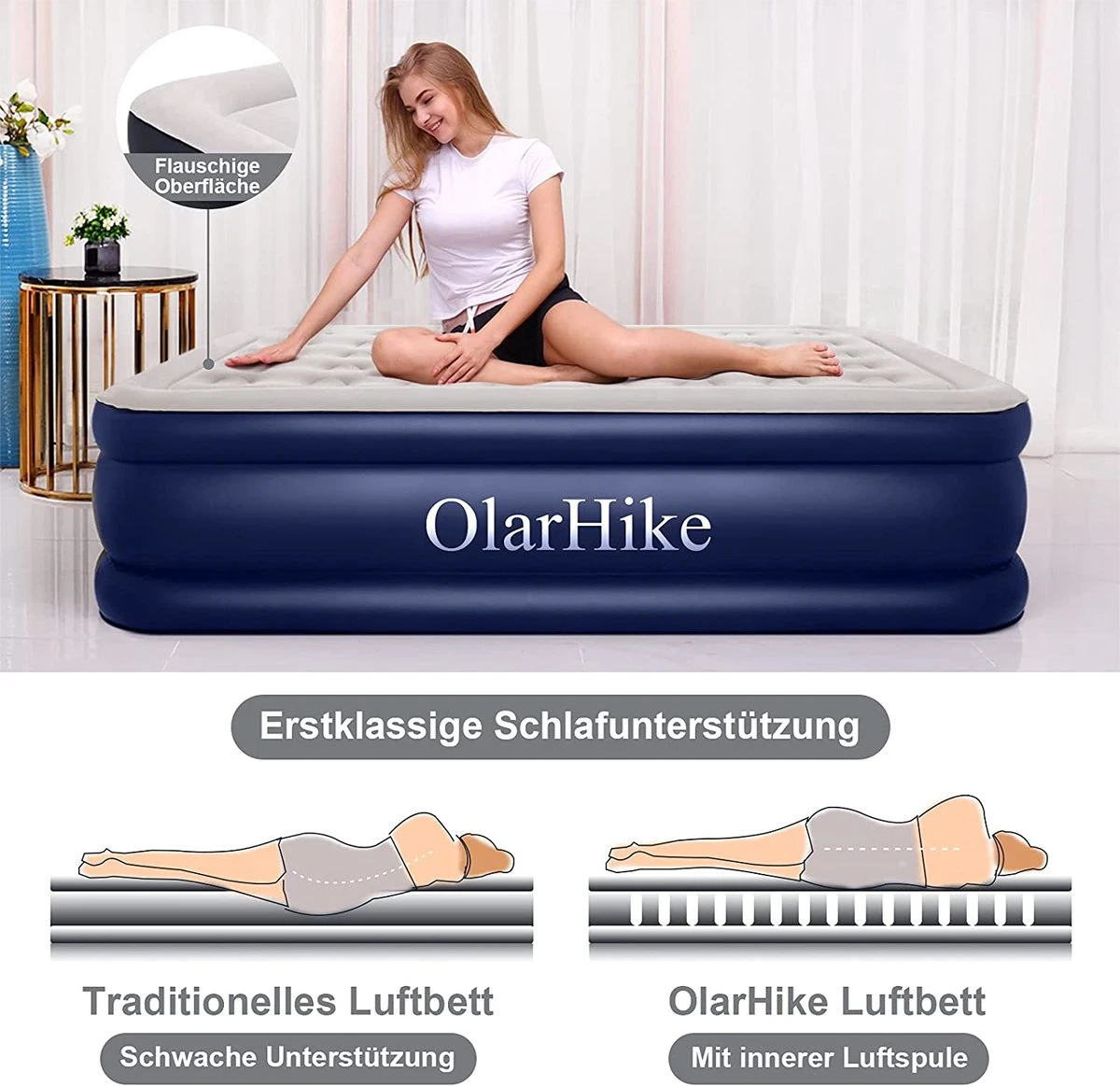 OlarHike Queen Size Luchtmatras Met Geïntegreerde Elektrische Pomp, Zelfopblazend Luchtbed, Voor 2 Personen, Premium Gastenbed, Opblaasbaar Matras Voor Camping Of Thuisgebruik, 203 X 152 X 46 Cm 6 OlarHike Queen Size Luchtmatras Met Geïntegreerde Elektrische Pomp, Zelfopblazend Luchtbed, Voor 2 Personen, Premium Gastenbed, Opblaasbaar Matras Voor Camping Of Thuisgebruik, 203 X 152 X 46 Cm - Afbeelding 4