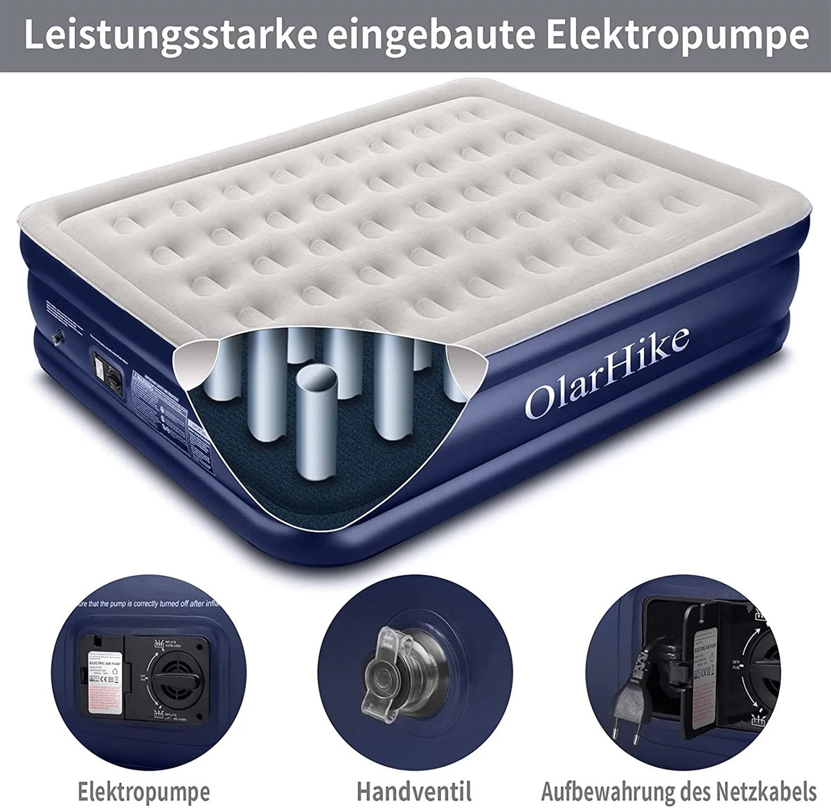 OlarHike Queen Size Luchtmatras Met Geïntegreerde Elektrische Pomp, Zelfopblazend Luchtbed, Voor 2 Personen, Premium Gastenbed, Opblaasbaar Matras Voor Camping Of Thuisgebruik, 203 X 152 X 46 Cm 4 OlarHike Queen Size Luchtmatras Met Geïntegreerde Elektrische Pomp, Zelfopblazend Luchtbed, Voor 2 Personen, Premium Gastenbed, Opblaasbaar Matras Voor Camping Of Thuisgebruik, 203 X 152 X 46 Cm - Afbeelding 2