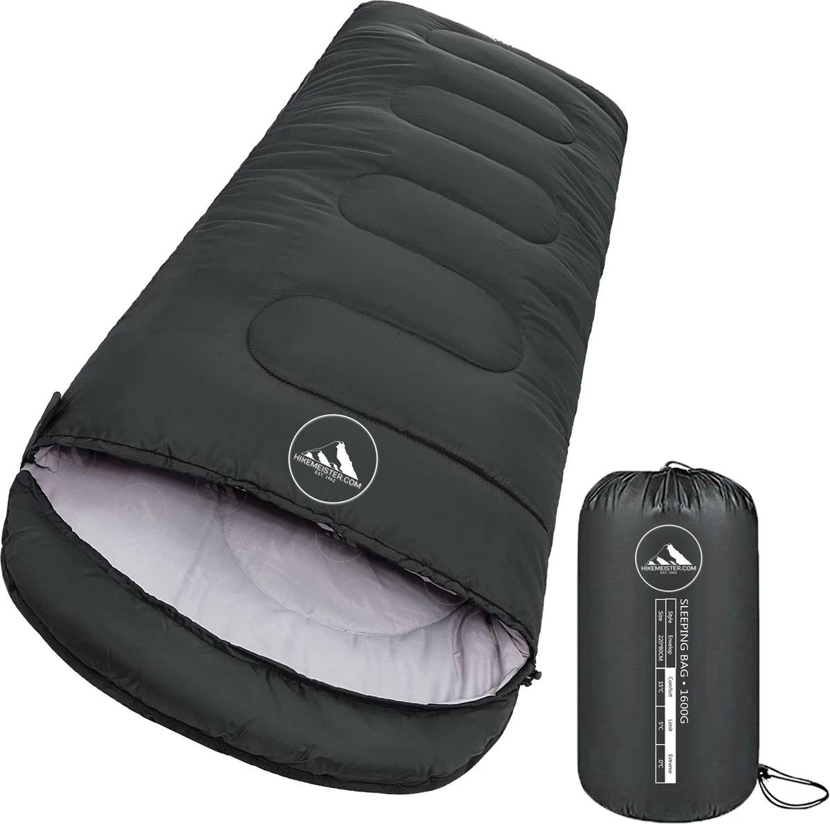 HikeMeister Mummy Slaapzak 1600 Gram - Kamperen - Zwart - Ca. 220 X 80 Cm - Met Binnenzak - Comfortzone: 0-15 Graden - Draagtas 3 HikeMeister Mummy Slaapzak 1600 Gram - Kamperen - Zwart - Ca. 220 X 80 Cm - Met Binnenzak - Comfortzone: 0-15 Graden - Draagtas