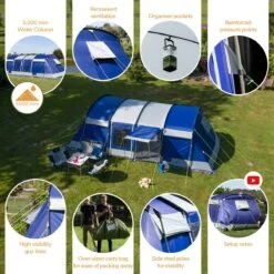 Skandika Montana 8 Sleeper Tent – Tunneltent – 8 Persoons Familietent - Campingtent – Sleeper Technology (2 Tot 4 Extra Donkere Slaapcabines) – Ingenaaide Tentvloer - Muggengaas – 700 X 310 X 200 Cm (LxBxH) – 5000mm Waterkolom – Kamperen – Blauw/wit -Buitenkampeer Winkel 1200x1199 1