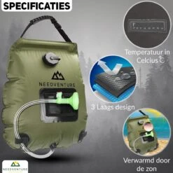 Needventure Solar Douche - Camping Douchezak - Buiten Douche - Tuindouche - Inclusief Thermometer - Waterzak Met Douchekop - 20L - Groen -Buitenkampeer Winkel 1200x1200 1024