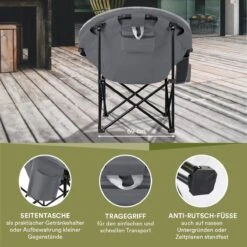 Skandika Moonchair Sirkka – Campingstoelen – Klapstoel – Vouwstoel – Kampeerstoel - Grote, Comfortabele, Campingstoel Opvouwbaar, Gepolsterd, Koelvak, Drinkhouder, Draaggreep En Draagtas, Antislipvoetjes - Max. 150 Kg – Zwart/grijs -Buitenkampeer Winkel 1200x1200 12