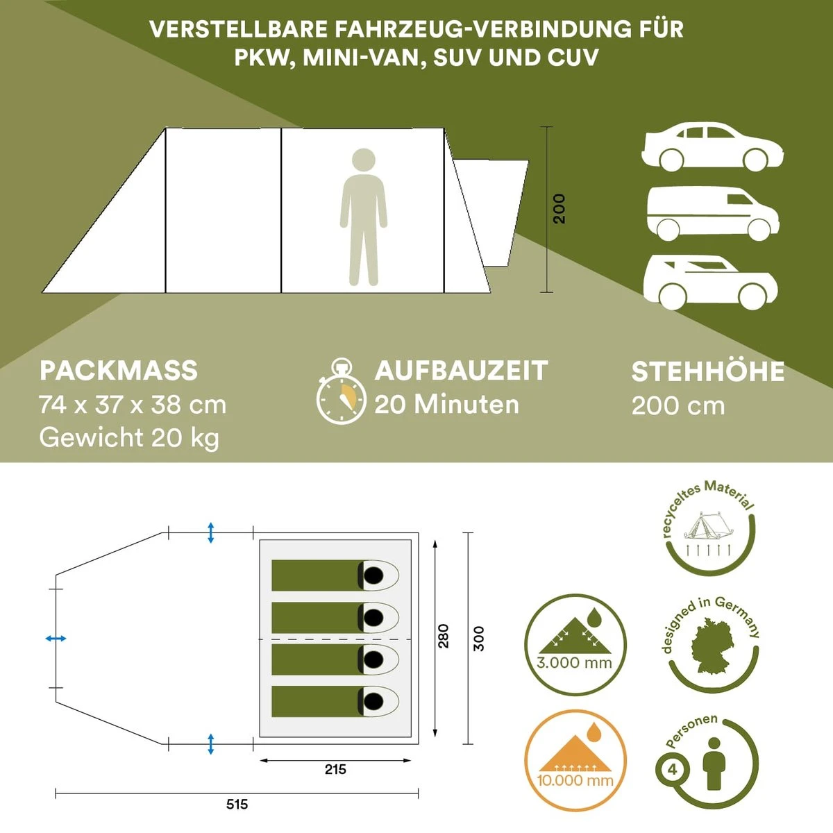 Skandika Pitea XL UP Tent – Koepeltenten - Autotent – 4 Persoons Campingtent Voor SUV, Caddy, Auto, CUV – Vrijstaand – Met/zonder Slaapcabine – Max. Stahoogte 200 Cm – Waterdicht Met 3000mm Waterkolom - 515 X 300 X 200 Cm (LxBxH) – Kamperen - Grijs 8 Skandika Pitea XL UP Tent – Koepeltenten - Autotent – 4 Persoons Campingtent Voor SUV, Caddy, Auto, CUV – Vrijstaand – Met/zonder Slaapcabine – Max. Stahoogte 200 Cm – Waterdicht Met 3000mm Waterkolom - 515 X 300 X 200 Cm (LxBxH) – Kamperen - Grijs - Afbeelding 6