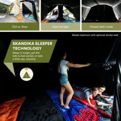 Skandika Montana 8 Sleeper Tent – Tunneltent – 8 Persoons Familietent - Campingtent – Sleeper Technology (2 Tot 4 Extra Donkere Slaapcabines) – Ingenaaide Tentvloer - Muggengaas – 700 X 310 X 200 Cm (LxBxH) – 5000mm Waterkolom – Kamperen – Blauw/wit -Buitenkampeer Winkel 1200x1200 533