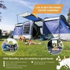 Skandika Montana 8 Sleeper Tent – Tunneltent – 8 Persoons Familietent - Campingtent – Sleeper Technology (2 Tot 4 Extra Donkere Slaapcabines) – Ingenaaide Tentvloer - Muggengaas – 700 X 310 X 200 Cm (LxBxH) – 5000mm Waterkolom – Kamperen – Blauw/wit -Buitenkampeer Winkel 1200x1200 536