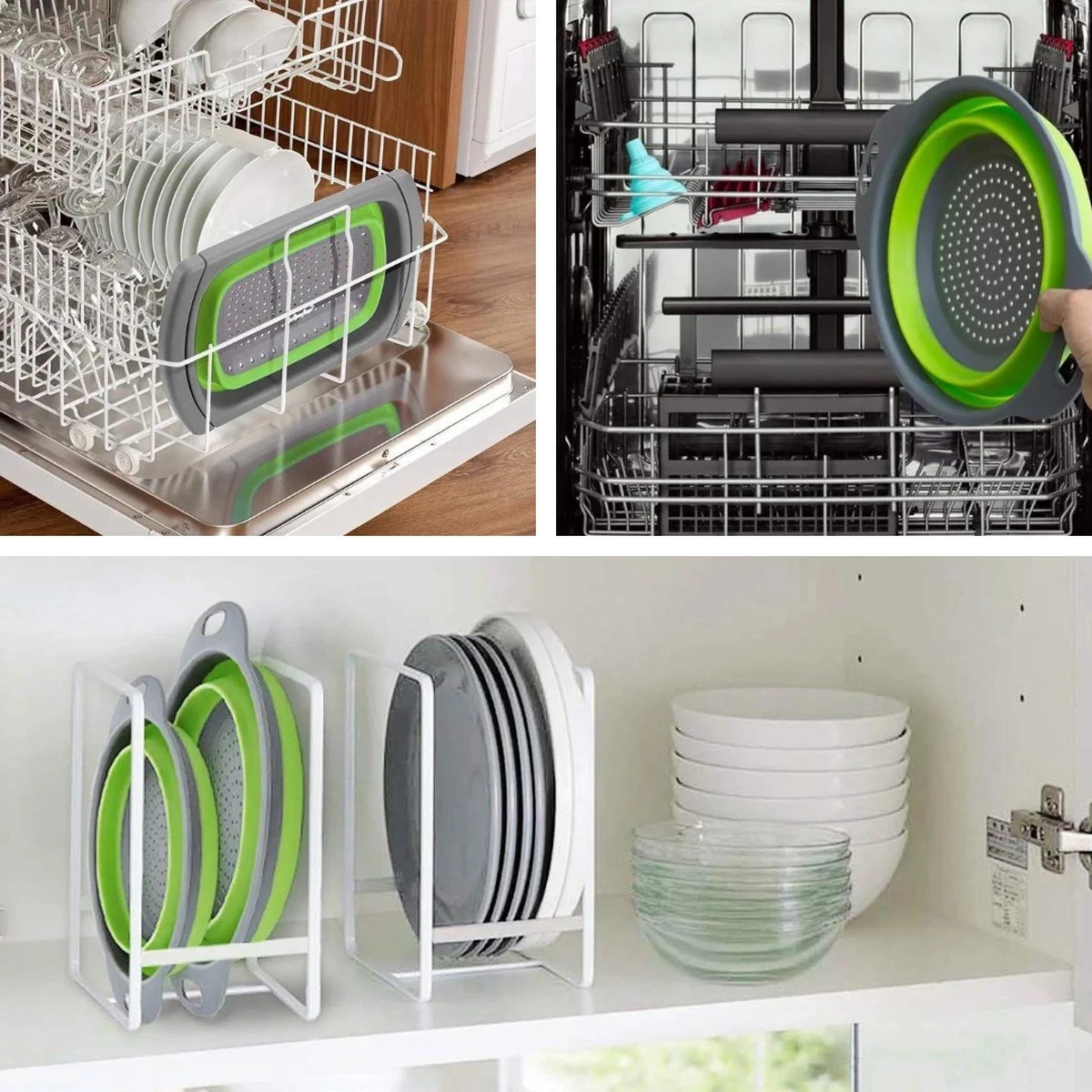 Buxibo - 3-Delige Keuken Vergiet Set Inklapbaar Groen/Grijs 4 Buxibo - 3-Delige Keuken Vergiet Set Inklapbaar Groen/Grijs - Afbeelding 2