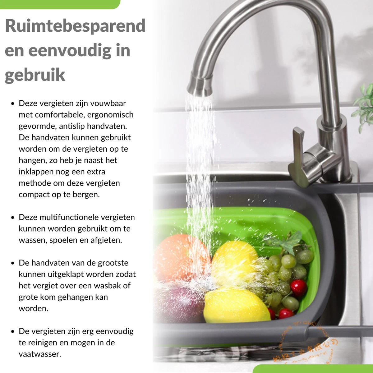 Buxibo - 3-Delige Keuken Vergiet Set Inklapbaar Groen/Grijs 7 Buxibo - 3-Delige Keuken Vergiet Set Inklapbaar Groen/Grijs - Afbeelding 5
