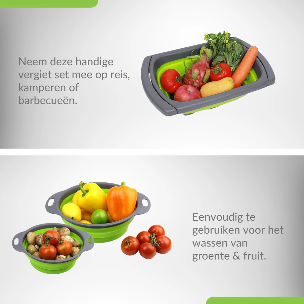 Buxibo - 3-Delige Keuken Vergiet Set Inklapbaar Groen/Grijs 8 Buxibo - 3-Delige Keuken Vergiet Set Inklapbaar Groen/Grijs - Afbeelding 6