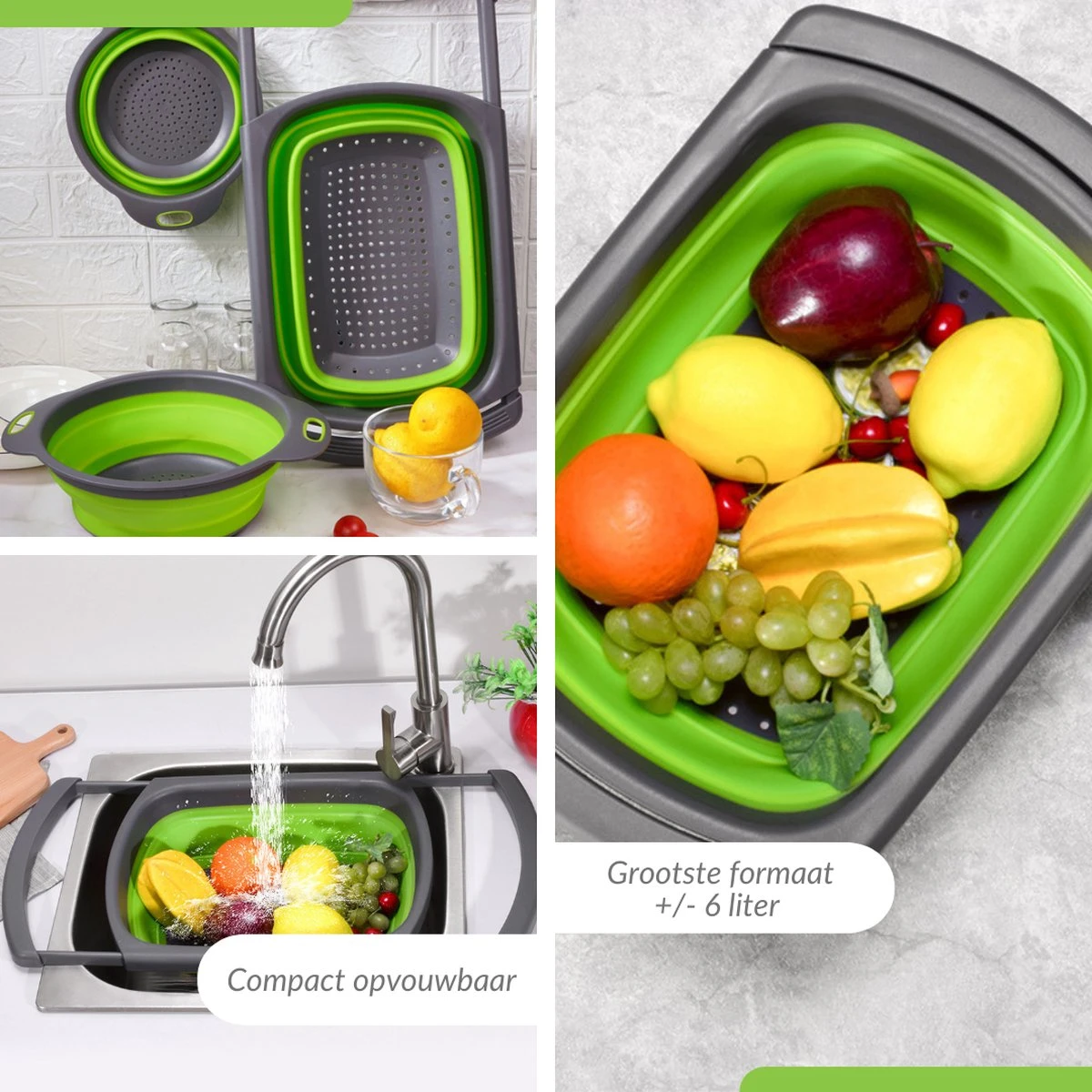 Buxibo - 3-Delige Keuken Vergiet Set Inklapbaar Groen/Grijs 10 Buxibo - 3-Delige Keuken Vergiet Set Inklapbaar Groen/Grijs - Afbeelding 8