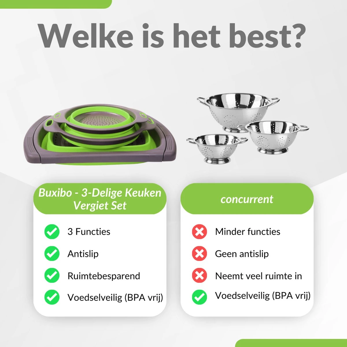 Buxibo - 3-Delige Keuken Vergiet Set Inklapbaar Groen/Grijs 15 Buxibo - 3-Delige Keuken Vergiet Set Inklapbaar Groen/Grijs - Afbeelding 13