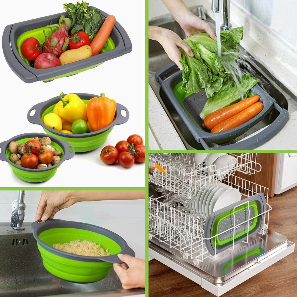 Buxibo - 3-Delige Keuken Vergiet Set Inklapbaar Groen/Grijs 17 Buxibo - 3-Delige Keuken Vergiet Set Inklapbaar Groen/Grijs - Afbeelding 15