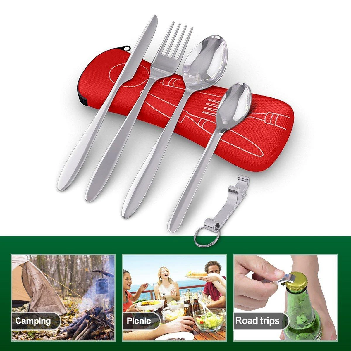 Roestvrij Staal Bestek (kampeerset) – Draagbare Reislepels, -vork En -mes Voor Festivals, Camping Of Trektochten - Wordt Geleverd Met Een Neopreen Draagtasje Met Een Lichtgewicht Flesopener 5 Roestvrij Staal Bestek (kampeerset) – Draagbare Reislepels, -vork En -mes Voor Festivals, Camping Of Trektochten - Wordt Geleverd Met Een Neopreen Draagtasje Met Een Lichtgewicht Flesopener - Afbeelding 3