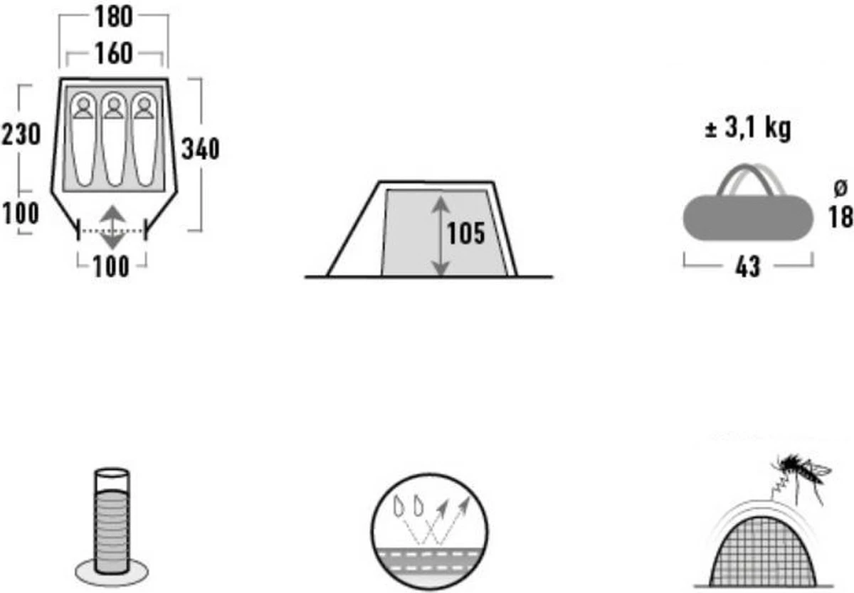 High Peak Lichtgewicht Tunneltent Kite 3 LW, Trekking Tent 3 Personen, 3,1 Kg, Aluminium Stokken, 3000 Mm Waterdicht, Extra Lang 230 Cm 5 High Peak Lichtgewicht Tunneltent Kite 3 LW, Trekking Tent 3 Personen, 3,1 Kg, Aluminium Stokken, 3000 Mm Waterdicht, Extra Lang 230 Cm - Afbeelding 3
