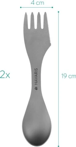 Navaris 2x Spork Titanium Campingbestek - Vork, Mes En Lepel In één - Bestek Voor Onderweg En Op Reis - Lichtgewicht - Inclusief Bewaarzakje -Buitenkampeer Winkel 621x1200