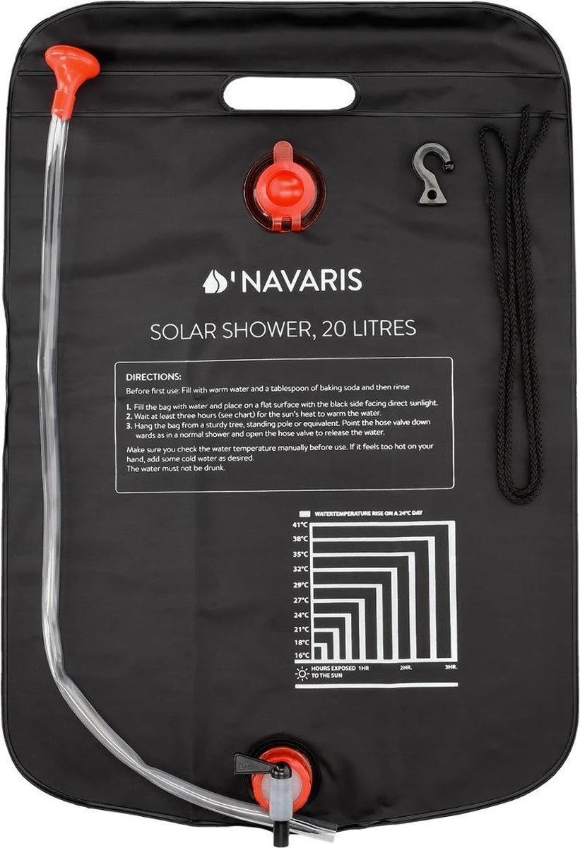 Navaris Campingdouche Op Zonne-energie - 20 Liter - Verwarmbare Camping Douchezak Met Douchekop, Slang En Kraan - Ideaal Voor Reizen En Kamperen 9 Navaris Campingdouche Op Zonne-energie - 20 Liter - Verwarmbare Camping Douchezak Met Douchekop, Slang En Kraan - Ideaal Voor Reizen En Kamperen - Afbeelding 7